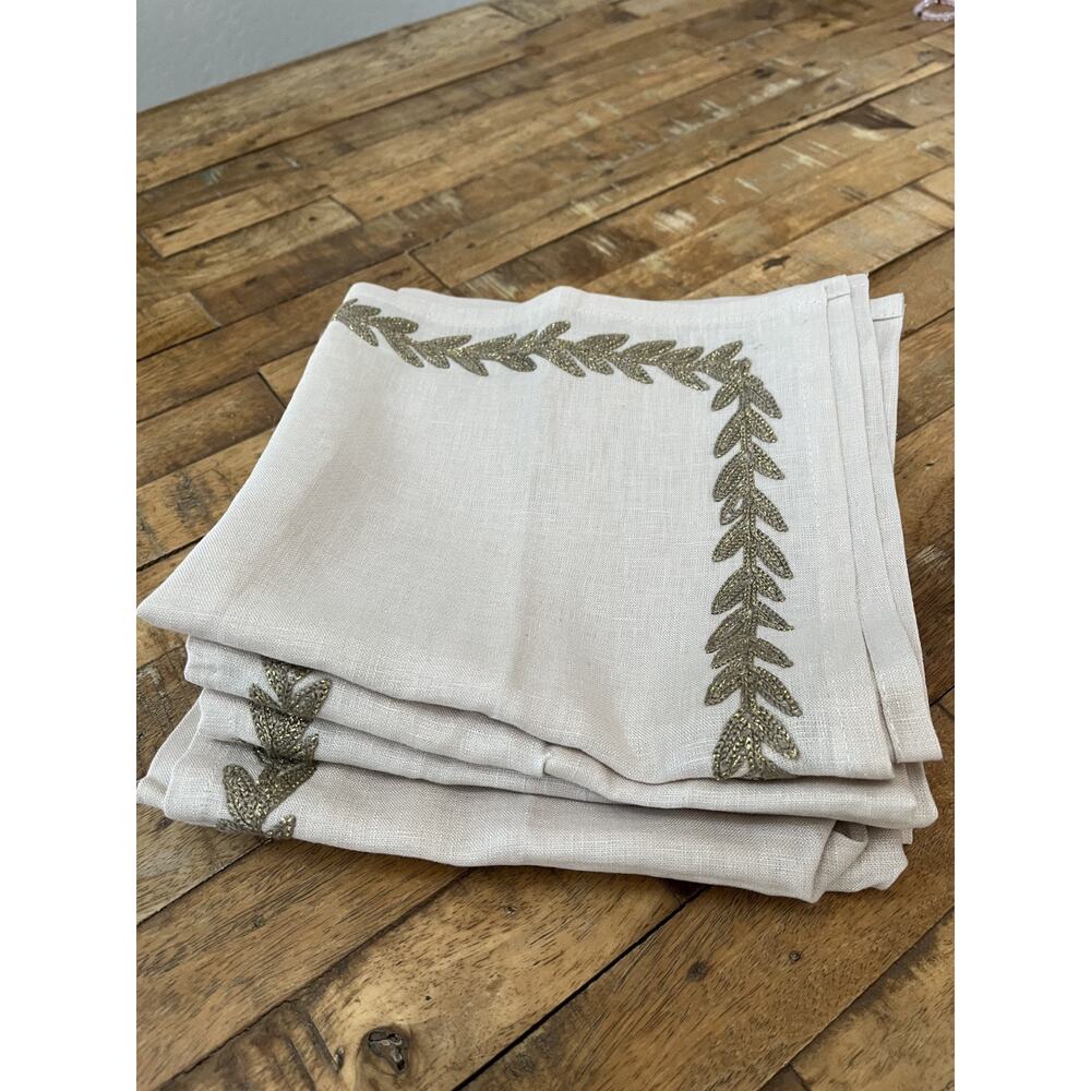 Allen + Roth Embroidered Linen Napkins Set of 6 Beige with Gold Leaves - Picture 13 of 13